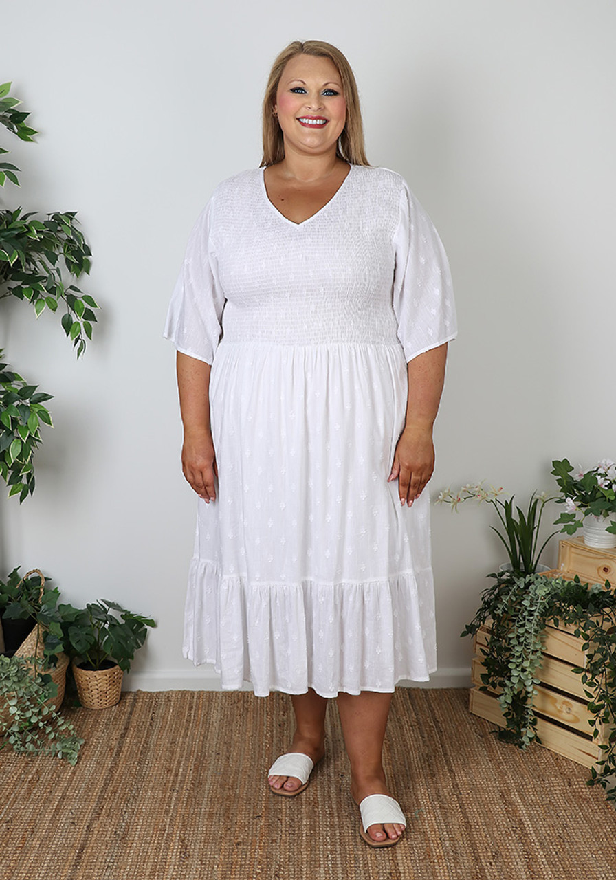 Plus Size White Shirred Bust Flounce Hem Dress | Curvaceous